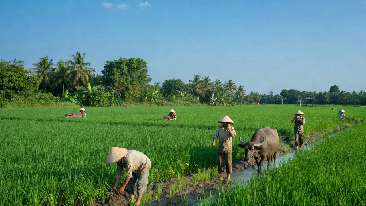 Khung cảnh nông thôn xã Tân Bình, huyện Tân Thạnh, tỉnh Long An với cánh đồng xanh và nông dân làm việc.