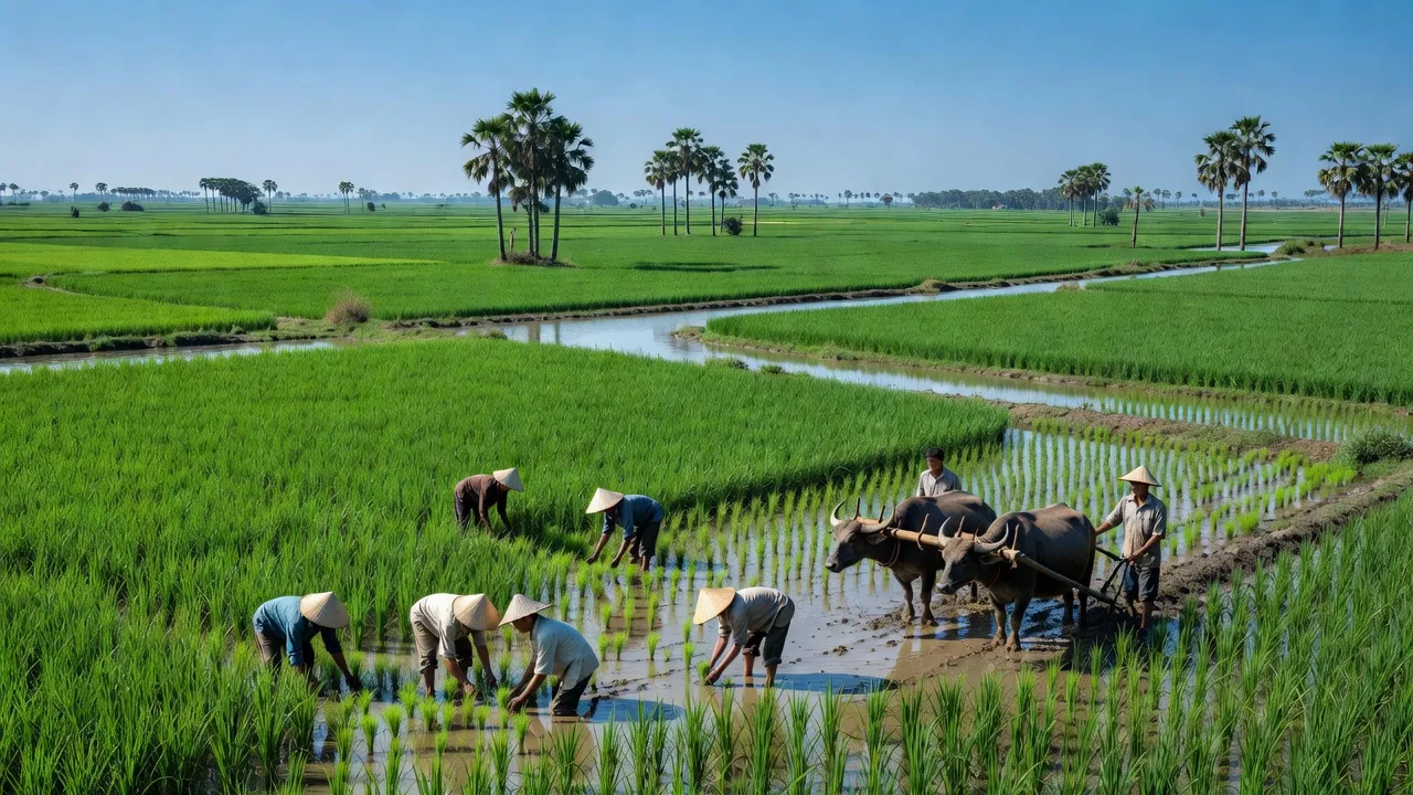 Khung cảnh xã Tân Bình, huyện Tân Thạnh, Long An với cánh đồng xanh và bà con làm nông.