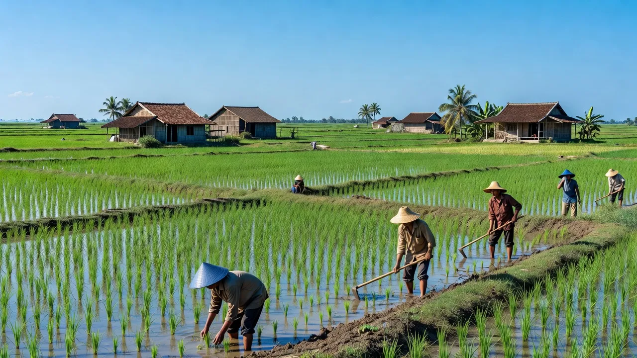 Cảnh đẹp nông thôn xã Tân Hòa, huyện Tân Thạnh, tỉnh Long An với cánh đồng xanh và nhà địa phương.
