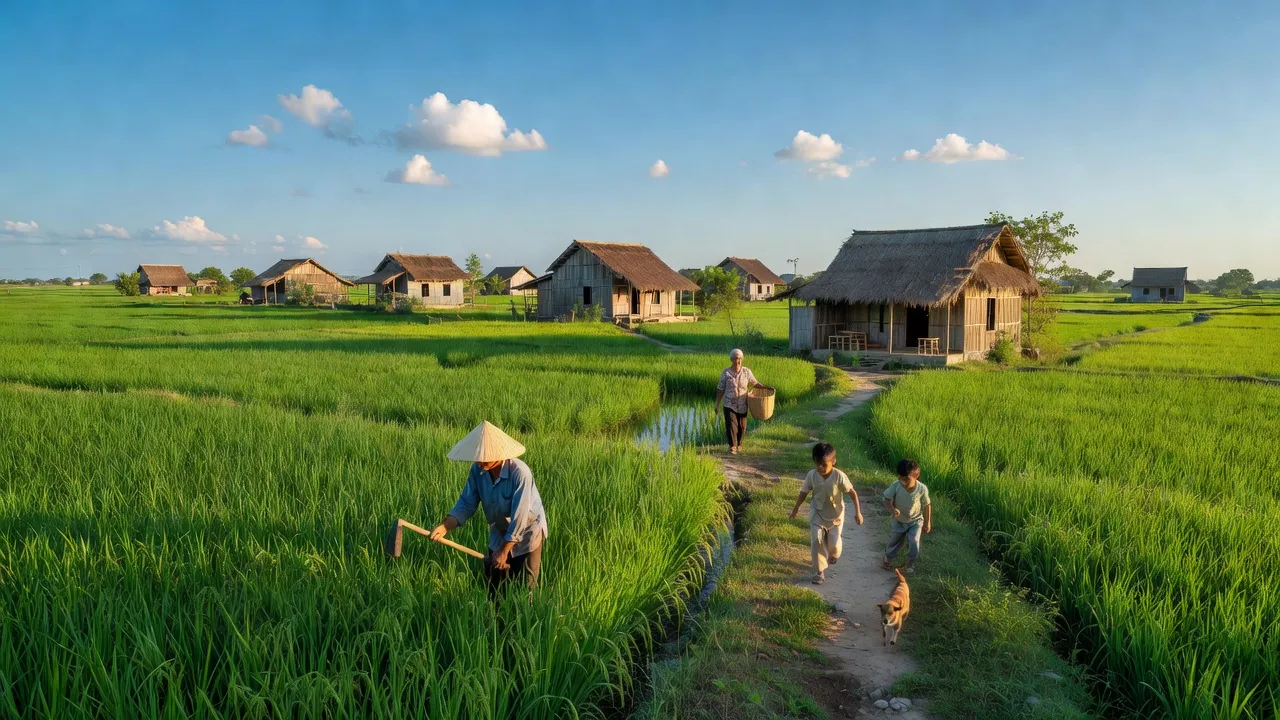 Tân Hòa commune in Tân Thạnh district, Long An, with agricultural fields and rural homes.