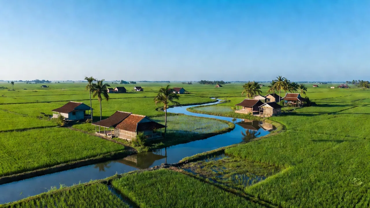 Cảnh đẹp Xã Tân Lập, huyện Tân Thạnh, tỉnh Long An, với cánh đồng xanh và nhà dân