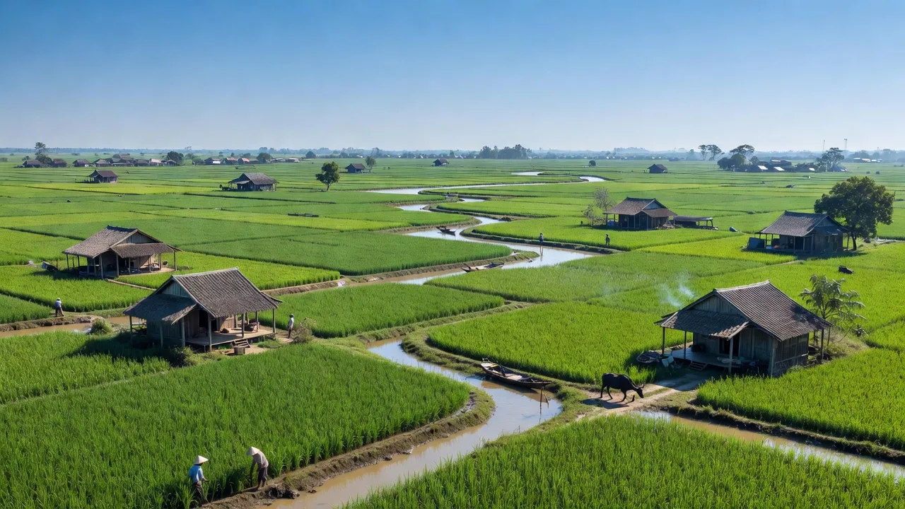 Cảnh đồng quê xã Tân Ninh, huyện Tân Thạnh, tỉnh Long An, với ruộng lúa và nhà truyền thống.