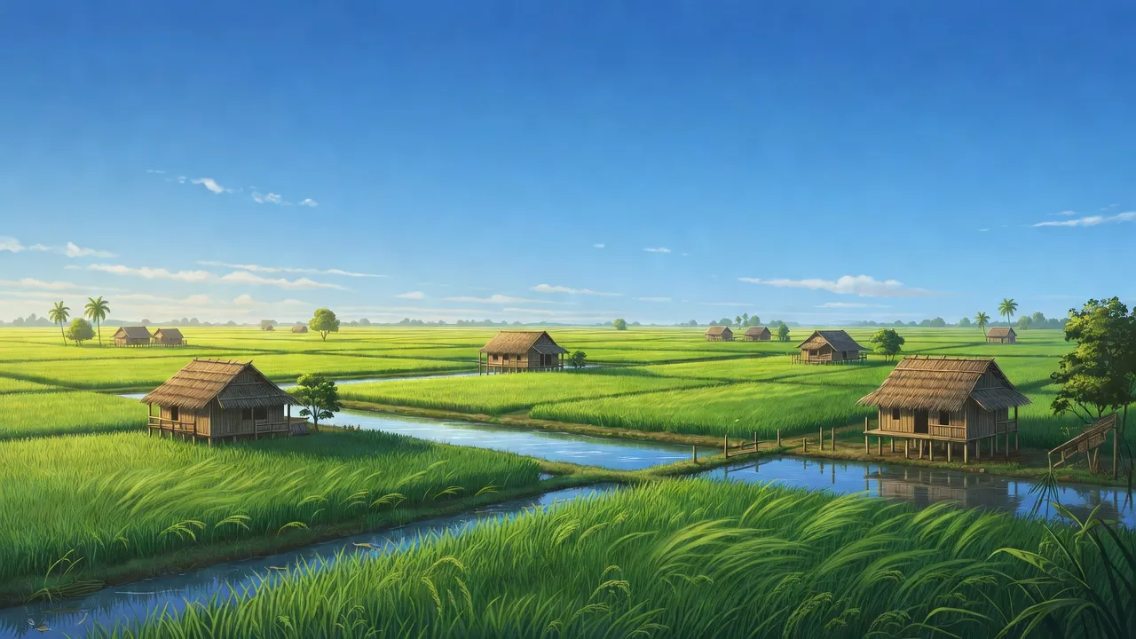 Khung cảnh nông thôn ở xã Tân Ninh, huyện Tân Thạnh, Long An với đồng lúa và nhà truyền thống.