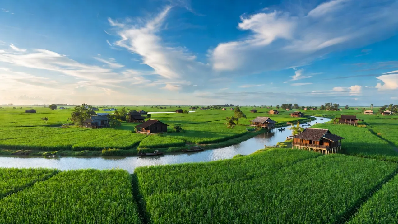 Cảnh đồng xanh tươi của xã Bình Lãng, huyện Tân Trụ, tỉnh Long An với hệ thống sông ngòi phong phú.