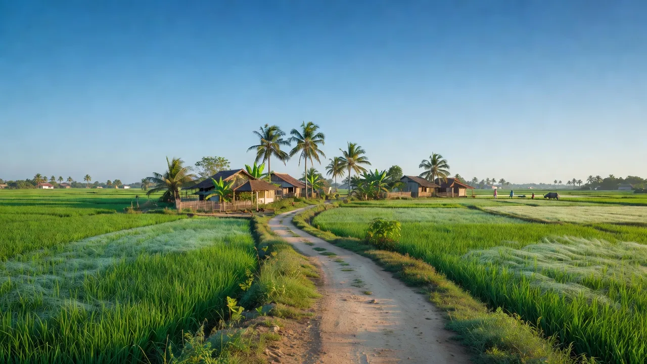 Cảnh nông thôn Bình Tịnh, Tân Trụ, Long An với cánh đồng xanh và bầu trời sáng.