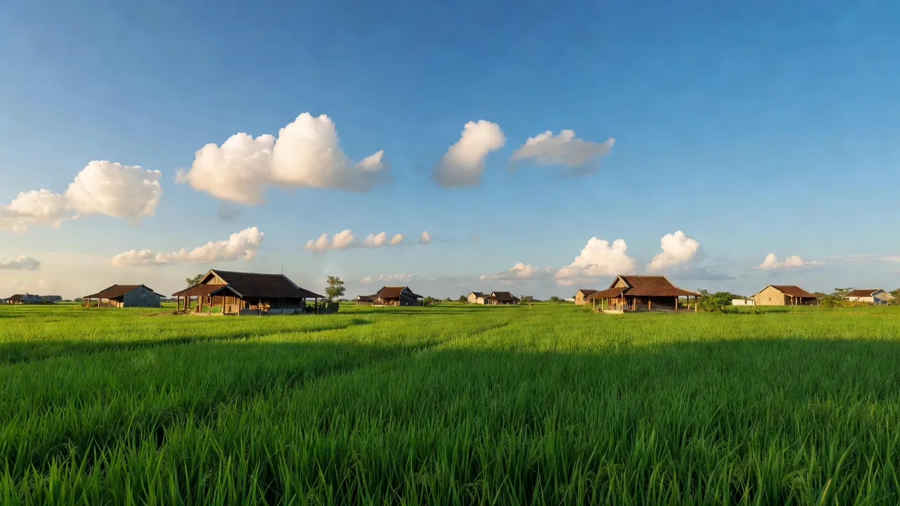 Cảnh đồng xanh Bình Trinh Đông, Tân Trụ, Long An với nhà cổ truyền và bầu trời trong xanh.