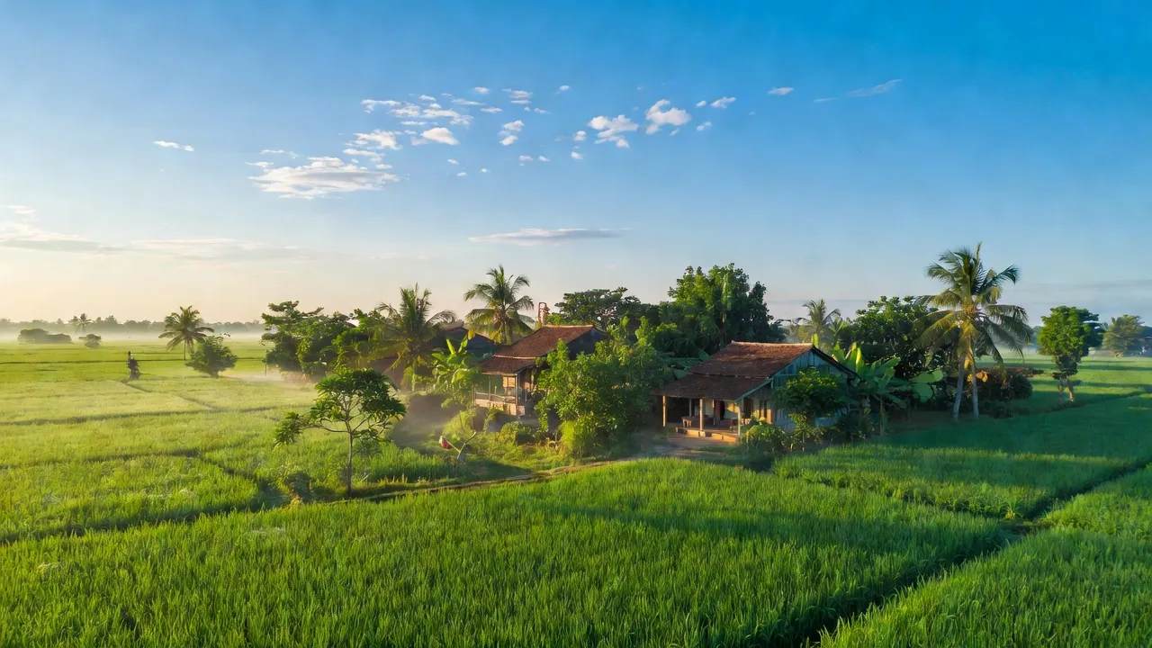 Cảnh đồng xanh tại xã Bình Trinh Đông, huyện Tân Trụ, Long An với bầu trời trong xanh.