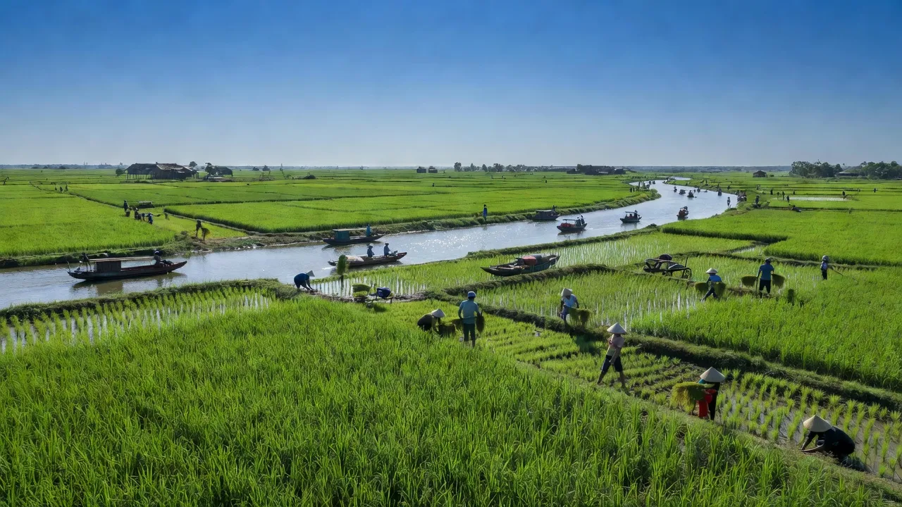 Cảnh đồng xanh tươi tại xã Đức Tân, huyện Tân Trụ, tỉnh Long An, với hai sông và ruộng bậc thang.