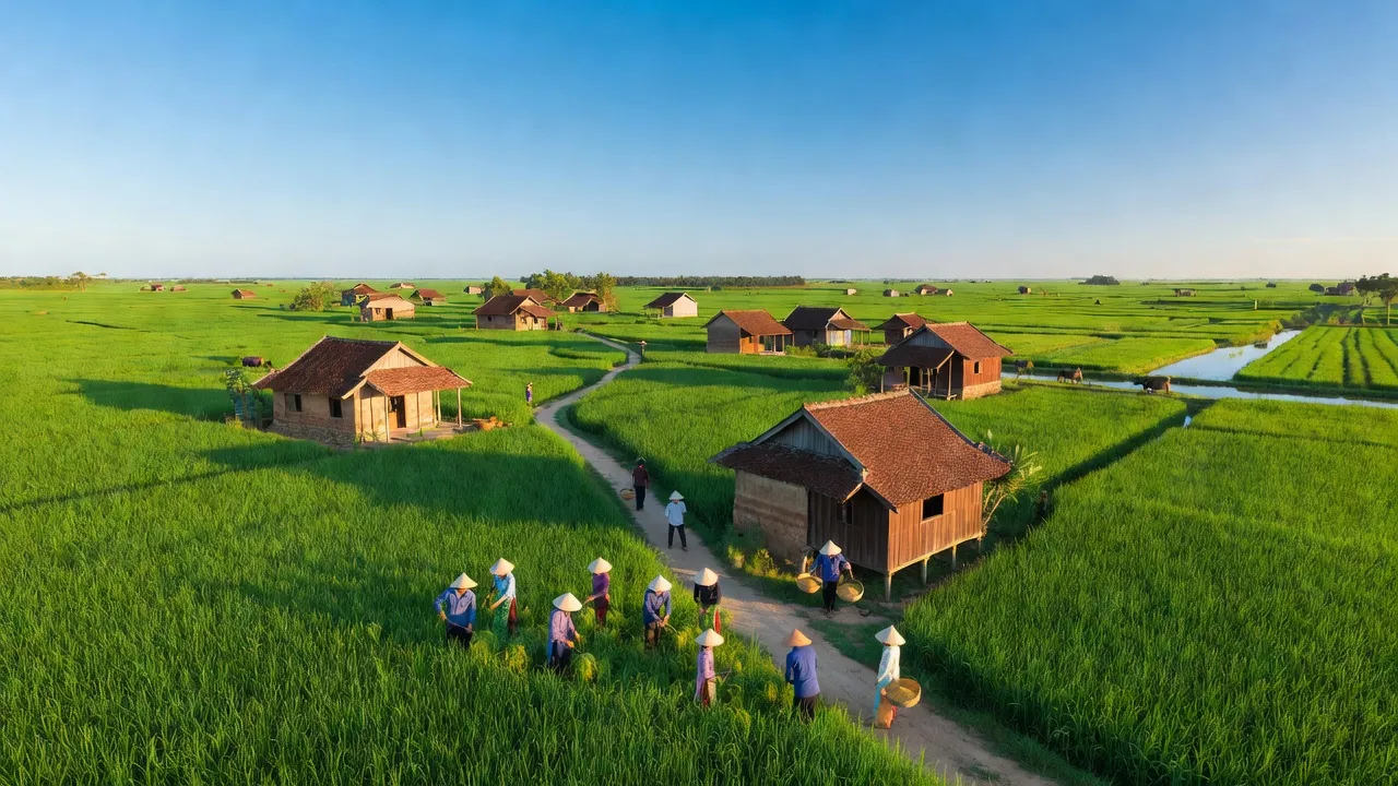 Cảnh đồng lúa tại xã Lạc Tấn, huyện Tân Trụ, Long An, thể hiện nông nghiệp và đời sống cộng đồng.