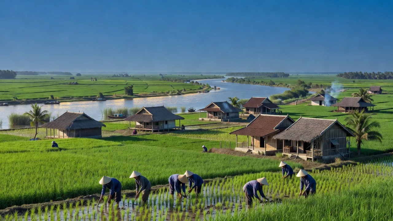 Cảnh đồng xanh tươi ở xã Nhựt Ninh, huyện Tân Trụ, Long An, với sông Vàm Cỏ Đông và Vàm Cỏ Tây.