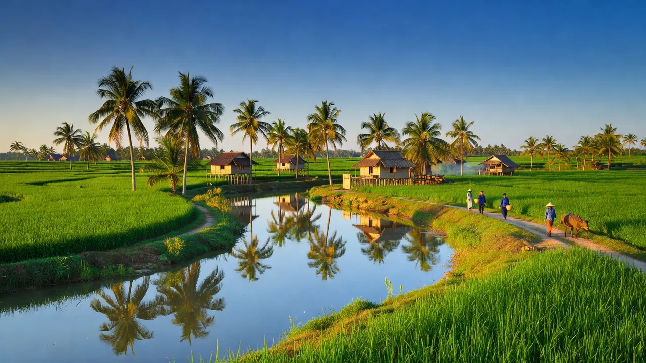 Khung cảnh đẹp tại xã Nhựt Ninh, huyện Tân Trụ, Long An với cánh đồng, sông nước, và cây cối.