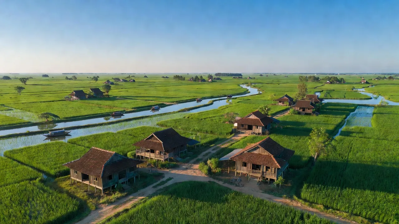 Quê Mỹ Thạnh, Tân Trụ, Long An, cảnh đồng quê yên tĩnh với ruộng lúa xanh tươi.