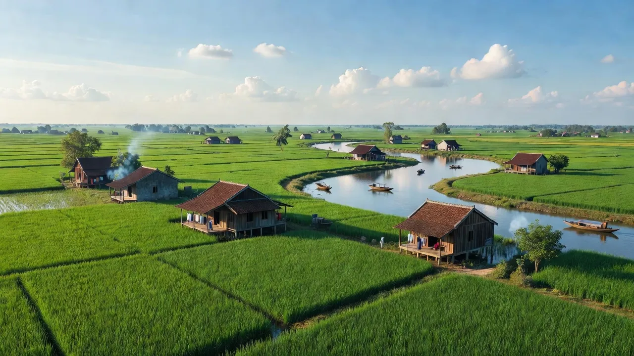 Cảnh đồng xanh và nhà truyền thống tại xã Tân Bình, huyện Tân Trụ, tỉnh Long An.