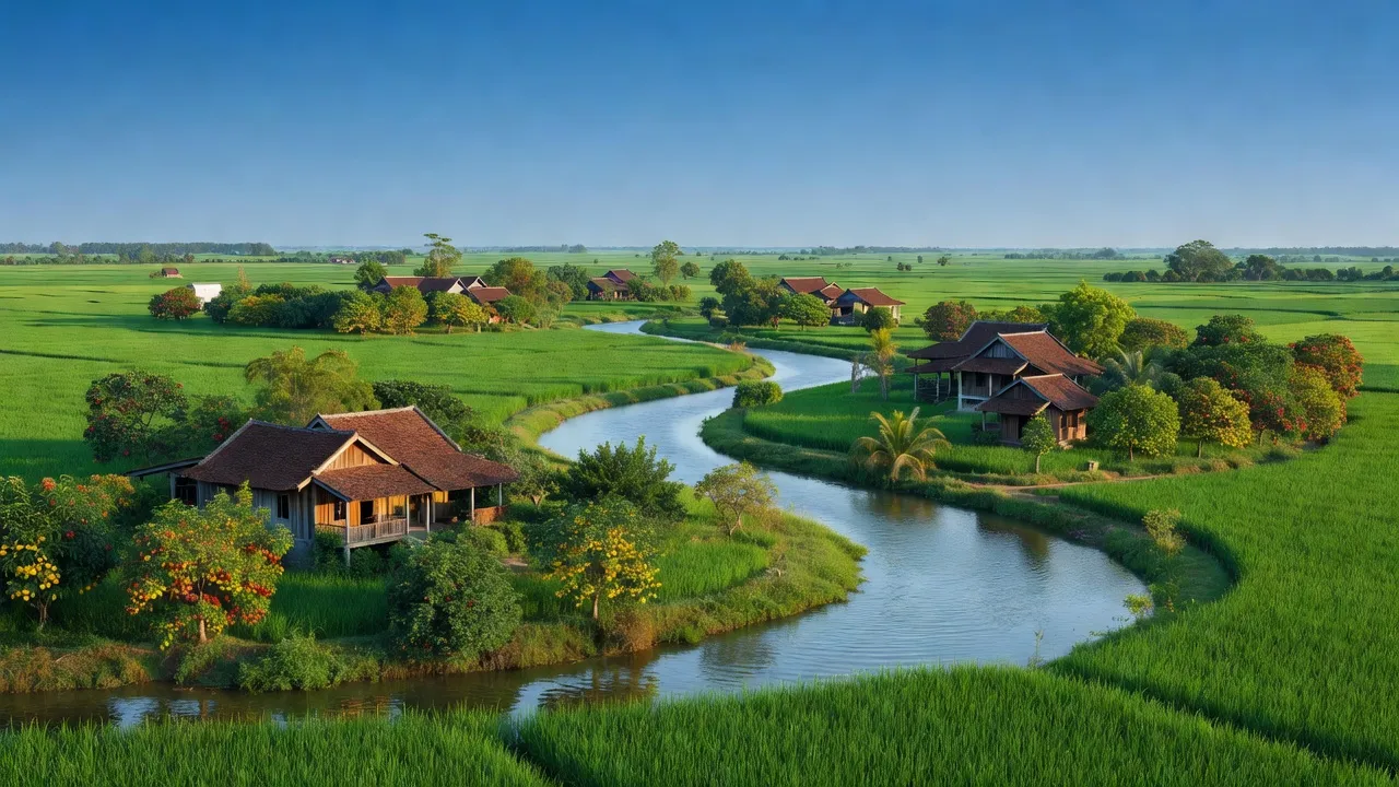 Phong cảnh xanh tươi xã Tân Bình, huyện Tân Trụ, tỉnh Long An với sông và cánh đồng.