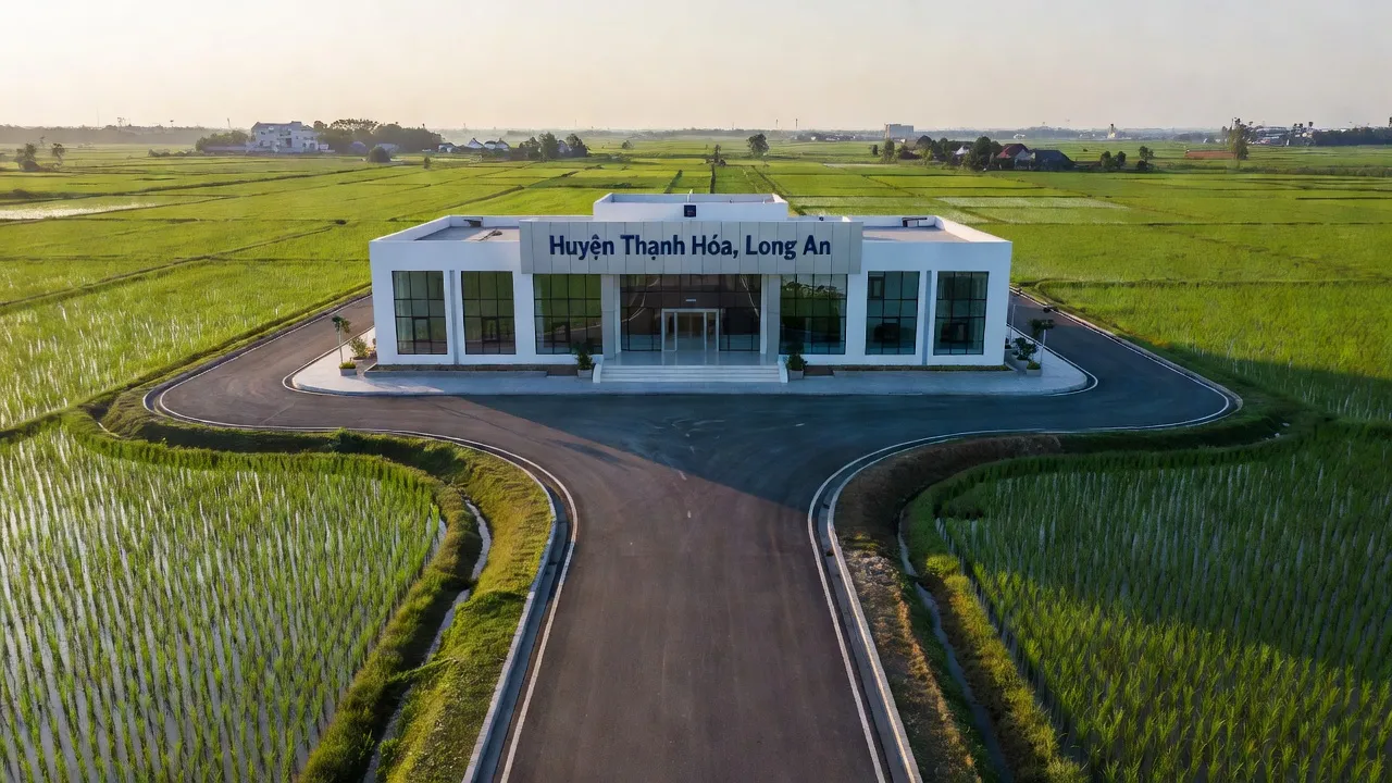 Khung cảnh huyện Thạnh Hóa, Long An với đồng ruộng xanh mát và đường giao thông nhộn nhịp.