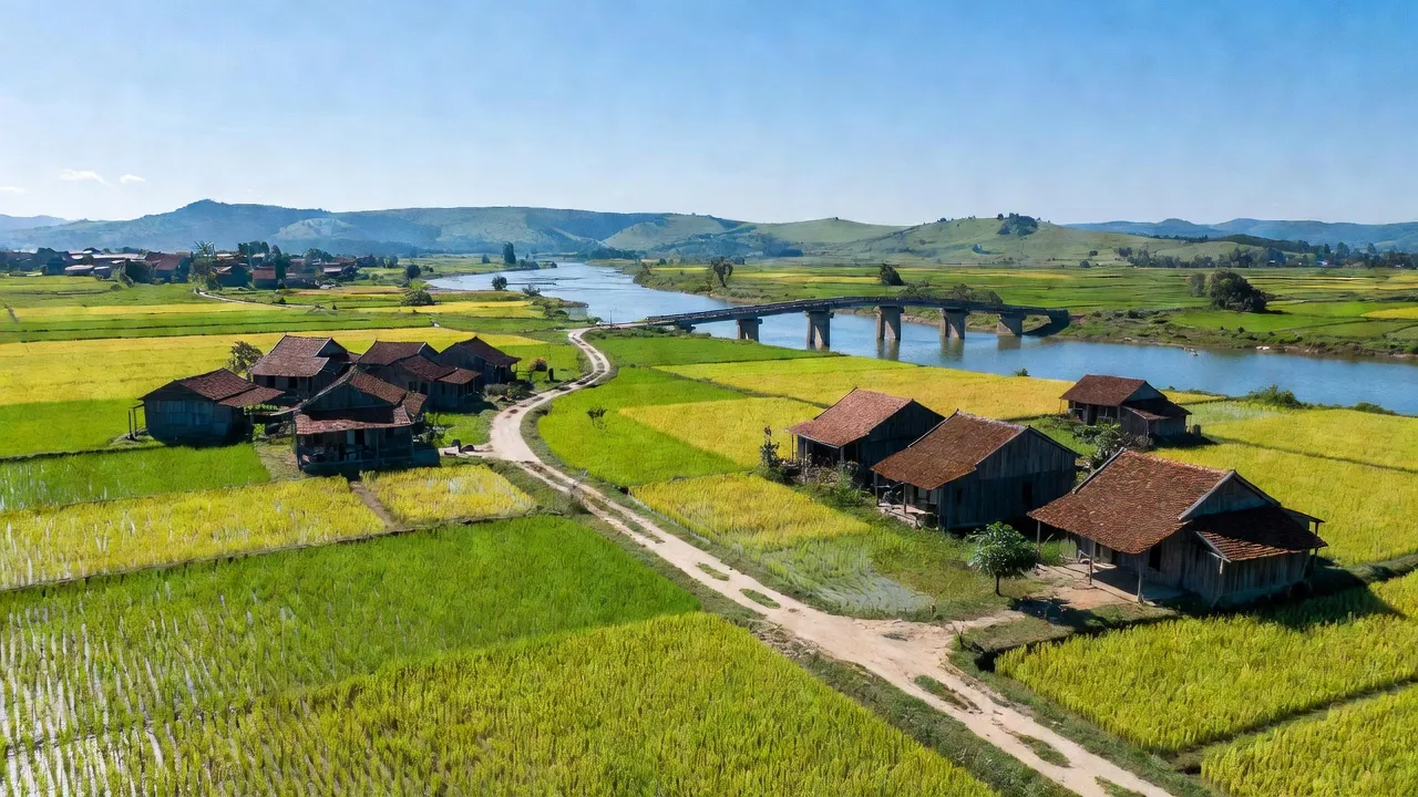Khung cảnh huyện Thạnh Hóa tỉnh Long An với cánh đồng, nhà truyền thống và bầu trời xanh.