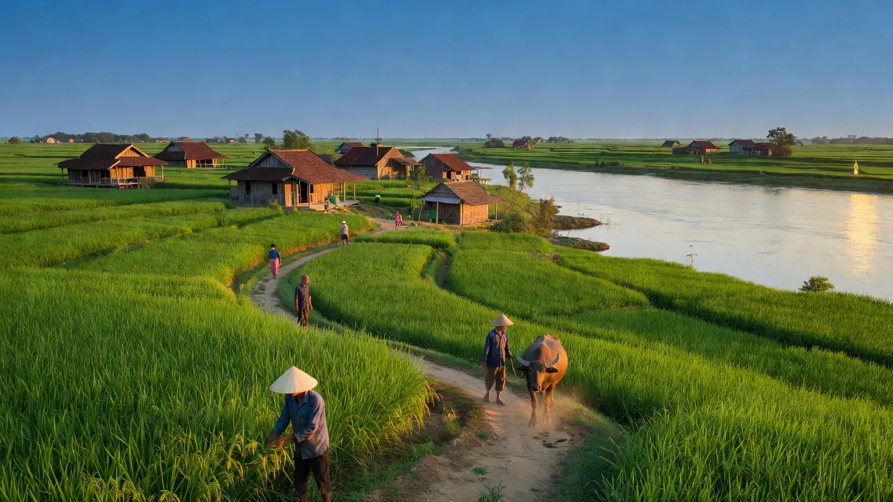Cảnh đẹp xã Tân Đông, huyện Thạnh Hóa, tỉnh Long An với đồng xanh và dòng sông yên bình.