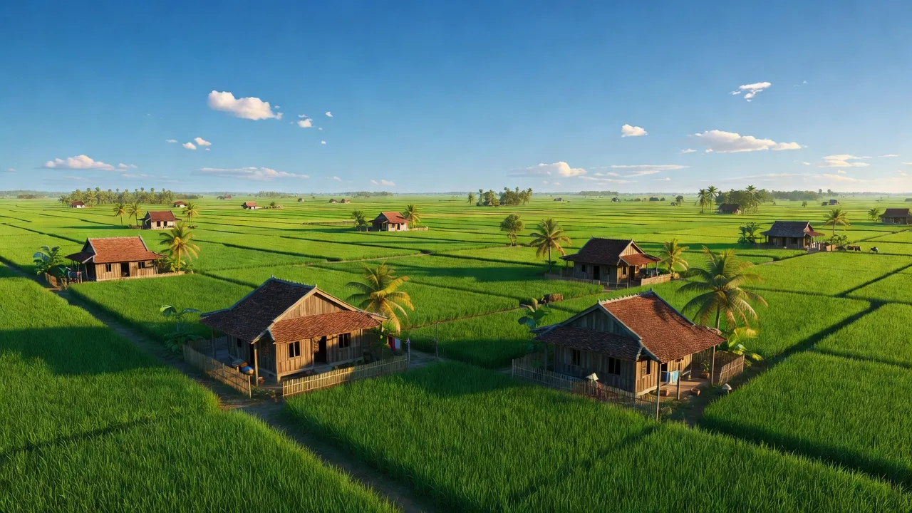 Cảnh quan xã Tân Hiệp, huyện Thạnh Hóa, tỉnh Long An với đồng xanh và nhà truyền thống.