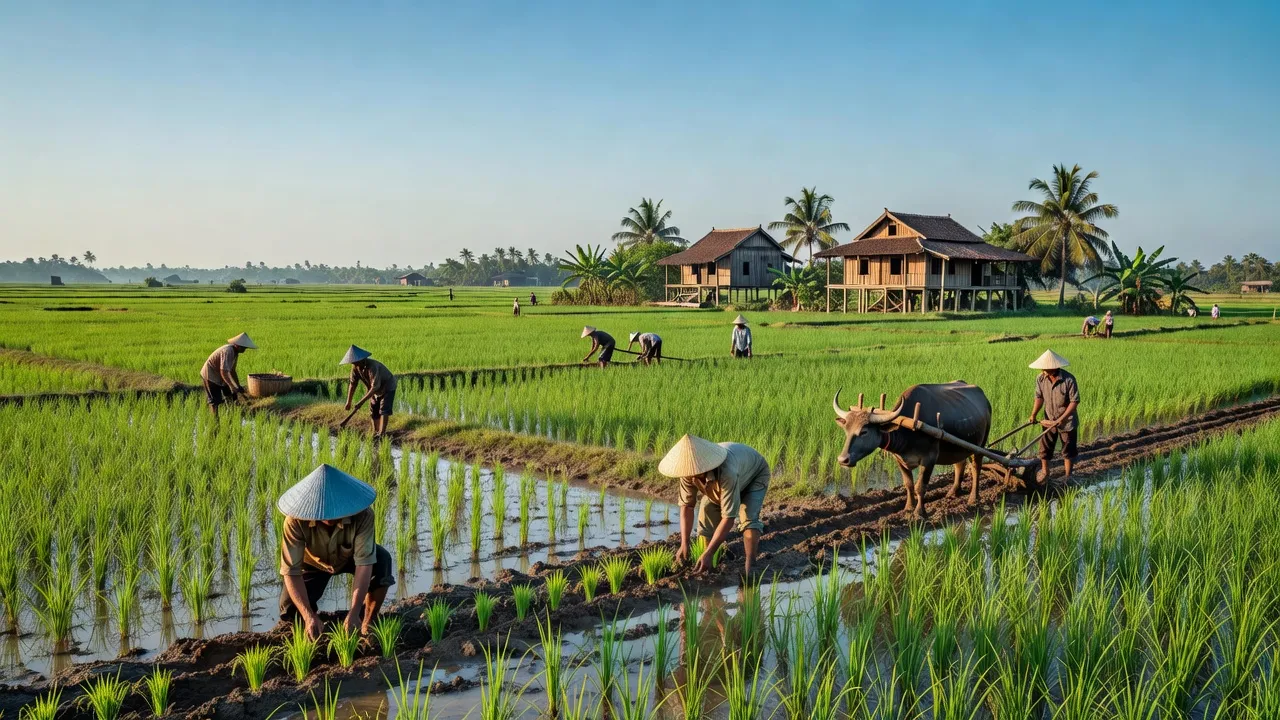 Cảnh đẹp bình yên xã Tân Tây, huyện Thạnh Hóa, Long An với cánh đồng lúa và hoạt động nông nghiệp.