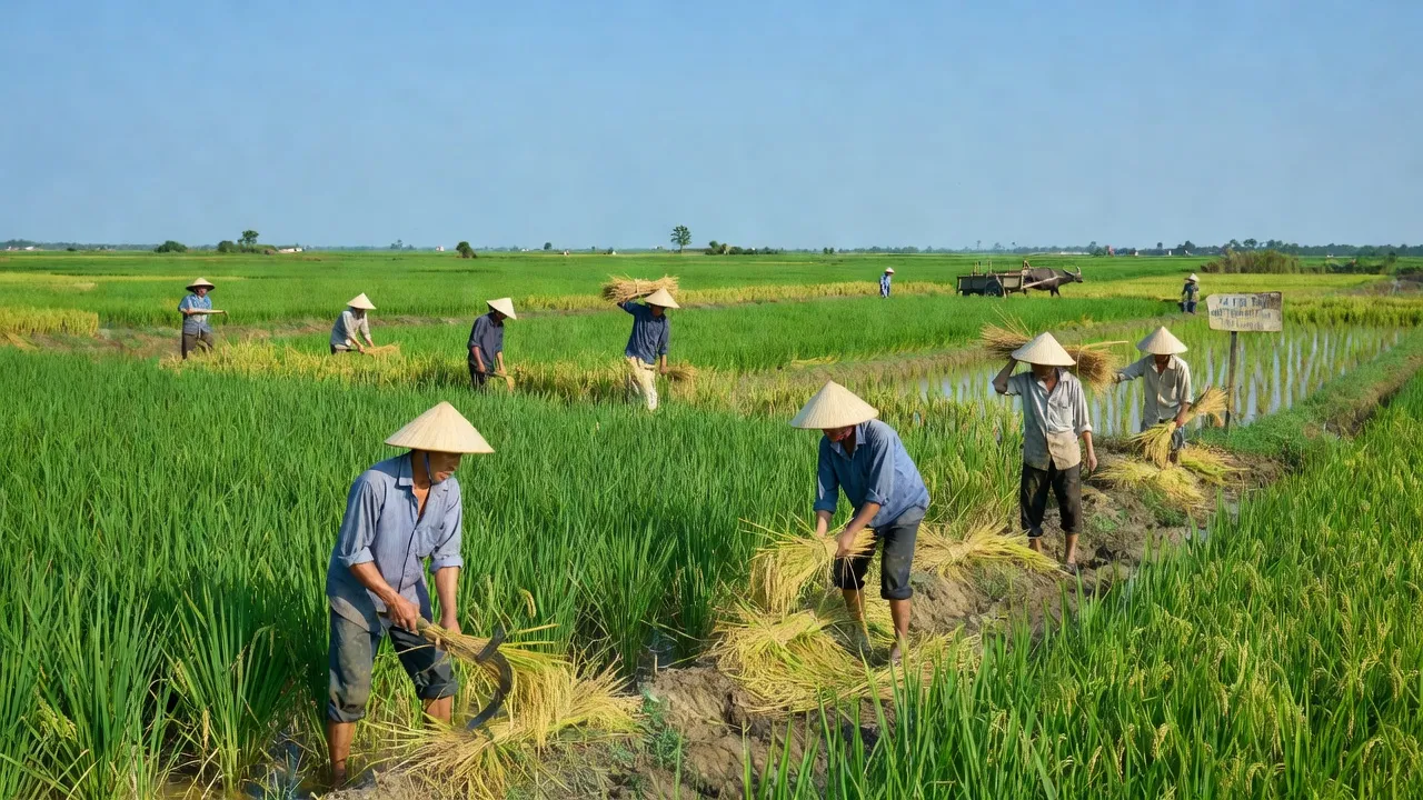 Cảnh đẹp xã Tân Tây, huyện Thạnh Hóa, Long An với đồng ruộng và nông dân lao động.