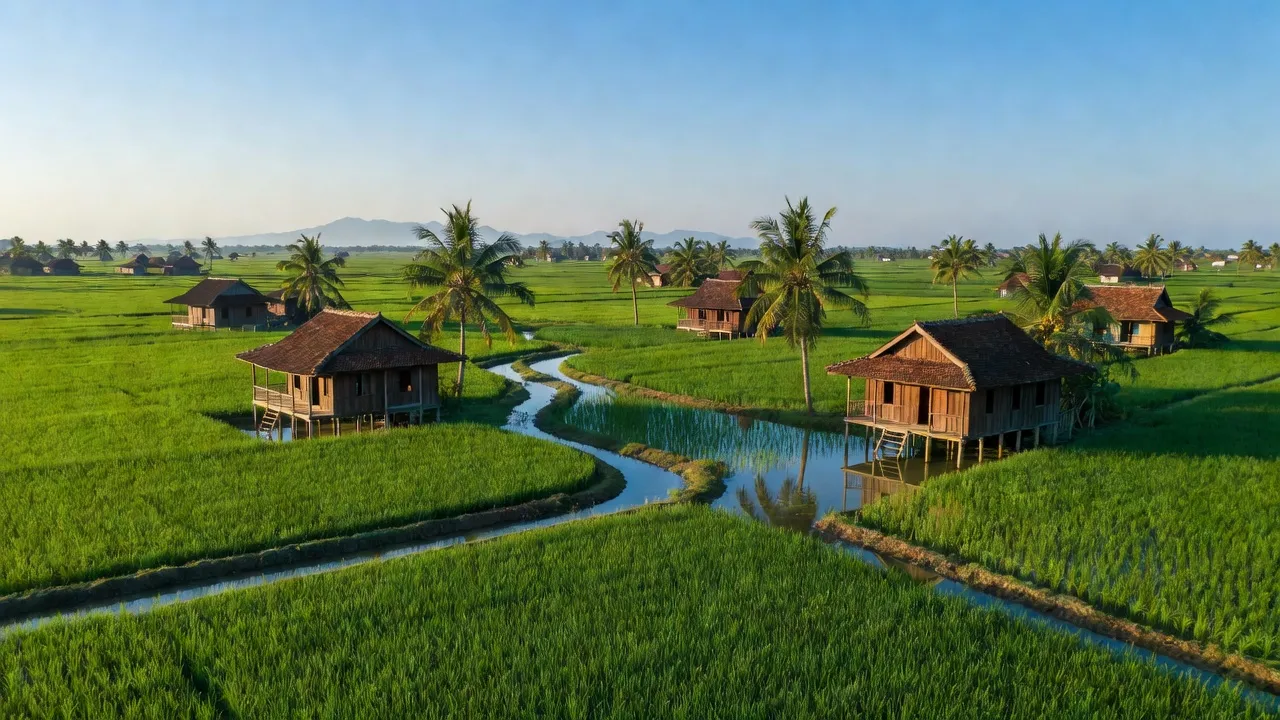 Cảnh quan xã Thạnh An ở Huyện Thạnh Hóa, tỉnh Long An với ruộng lúa xanh và nhà gỗ truyền thống.
