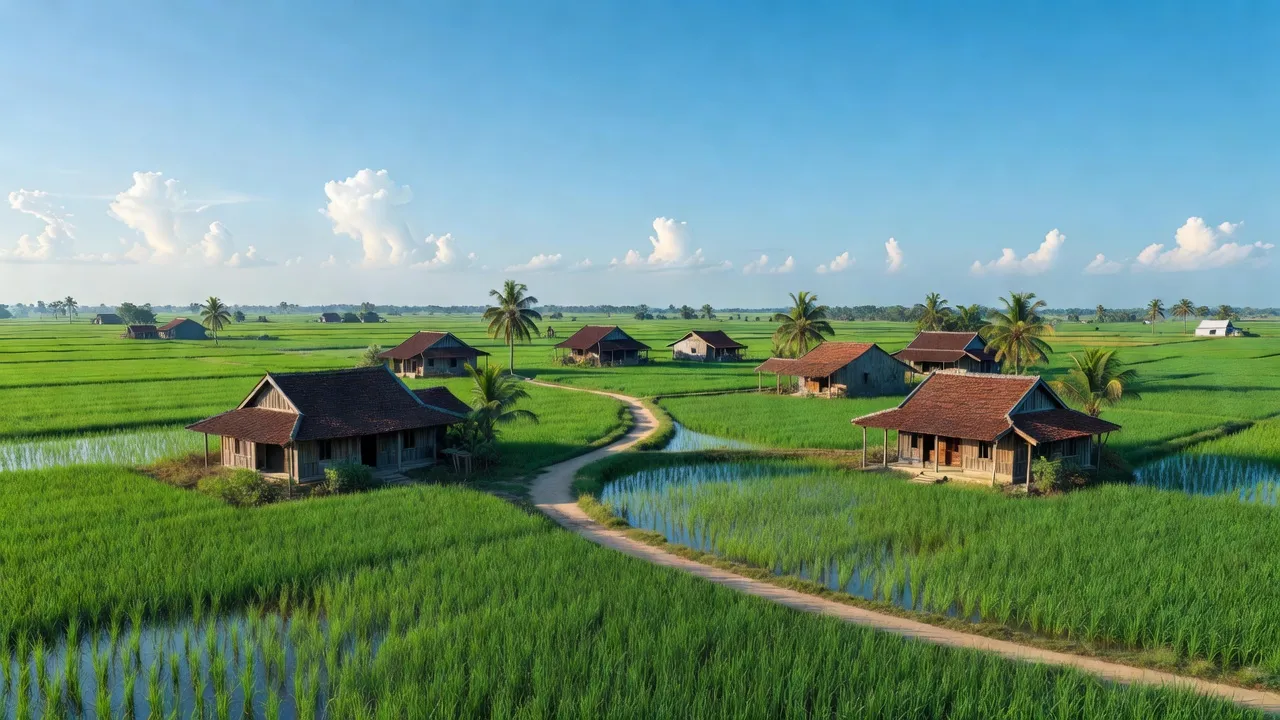 Cảnh đẹp xã Thạnh Phú, huyện Thạnh Hóa, Long An với cánh đồng xanh và nhà truyền thống.