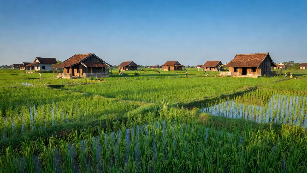Khung cảnh làng Thạnh Phước, huyện Thạnh Hóa, tỉnh Long An với ruộng lúa và nhà truyền thống.