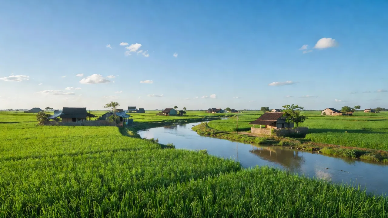 Cảnh đẹp xã Thuận Bình, huyện Thạnh Hóa, tỉnh Long An với ruộng đồng và dòng sông.