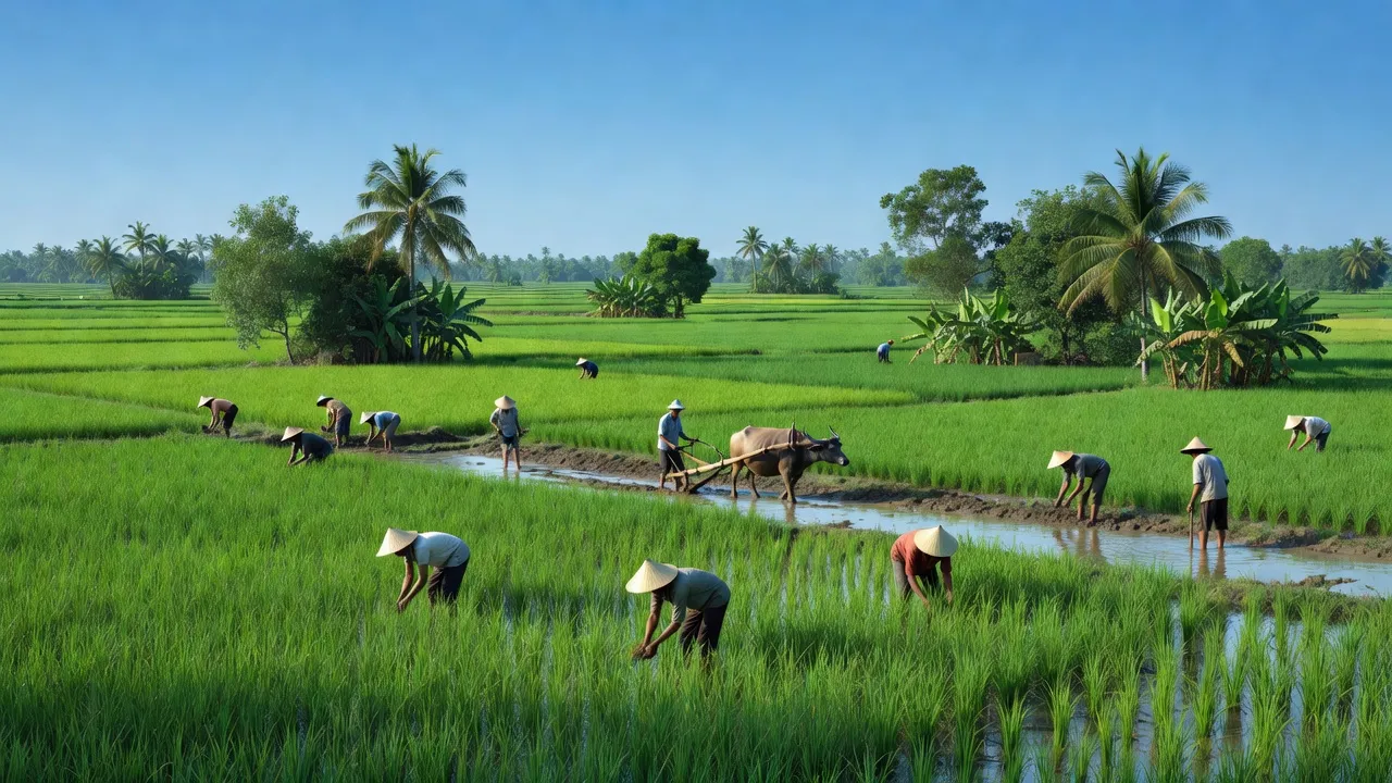 Cảnh quan nông thôn xã Thuận Bình, huyện Thạnh Hóa, tỉnh Long An với cánh đồng xanh và bầu trời trong.