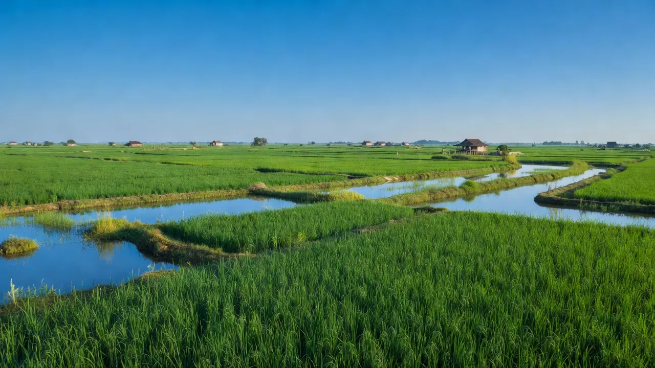 Khung cảnh nông thôn xã Thuận Nghĩa Hòa, huyện Thạnh Hóa, tỉnh Long An, với đồng xanh và kênh rạch.