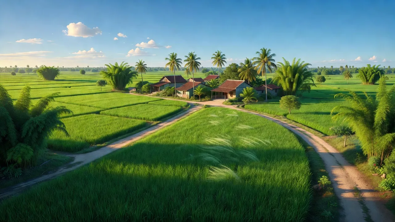 Cảnh đẹp nông thôn xã Thủy Đông, huyện Thạnh Hóa, tỉnh Long An với cánh đồng xanh và con đường làng.