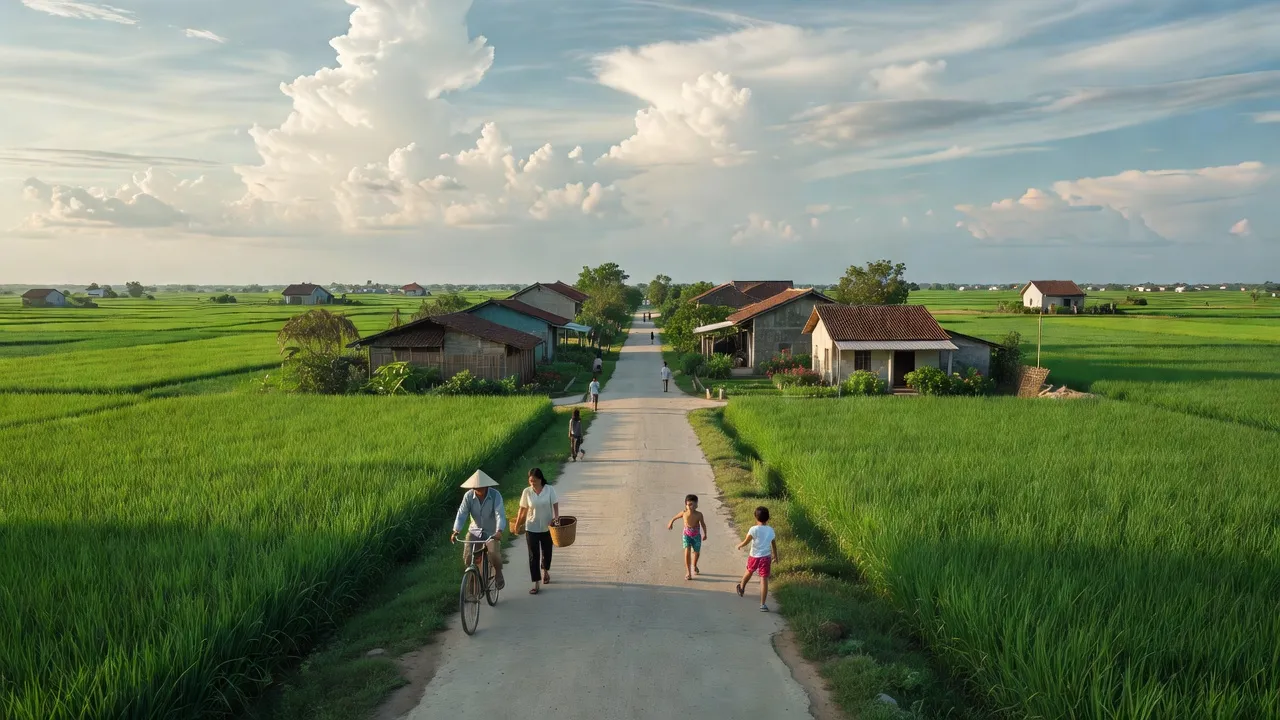 Khung cảnh yên bình tại xã Thủy Tây, huyện Thạnh Hóa, Long An với đường bê tông và cánh đồng xanh.