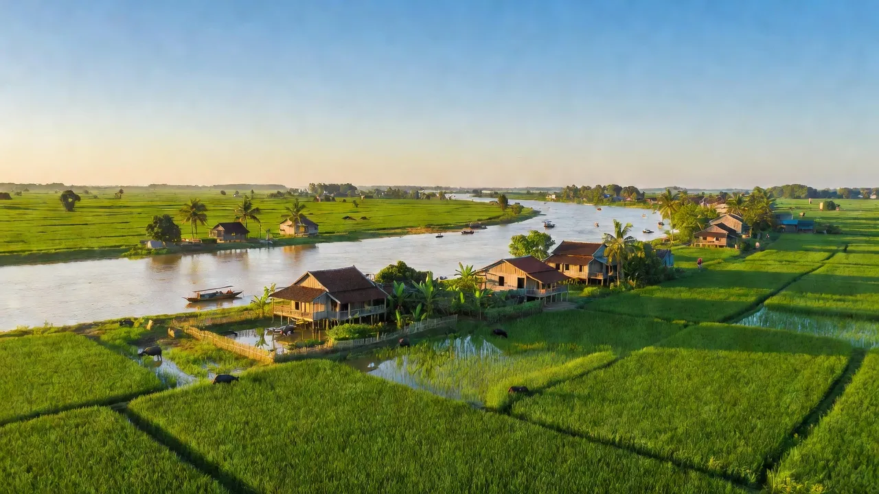 Cảnh quan huyện Thủ Thừa, tỉnh Long An, với đồng xanh và sông Cửu Long, thiên nhiên tươi đẹp.