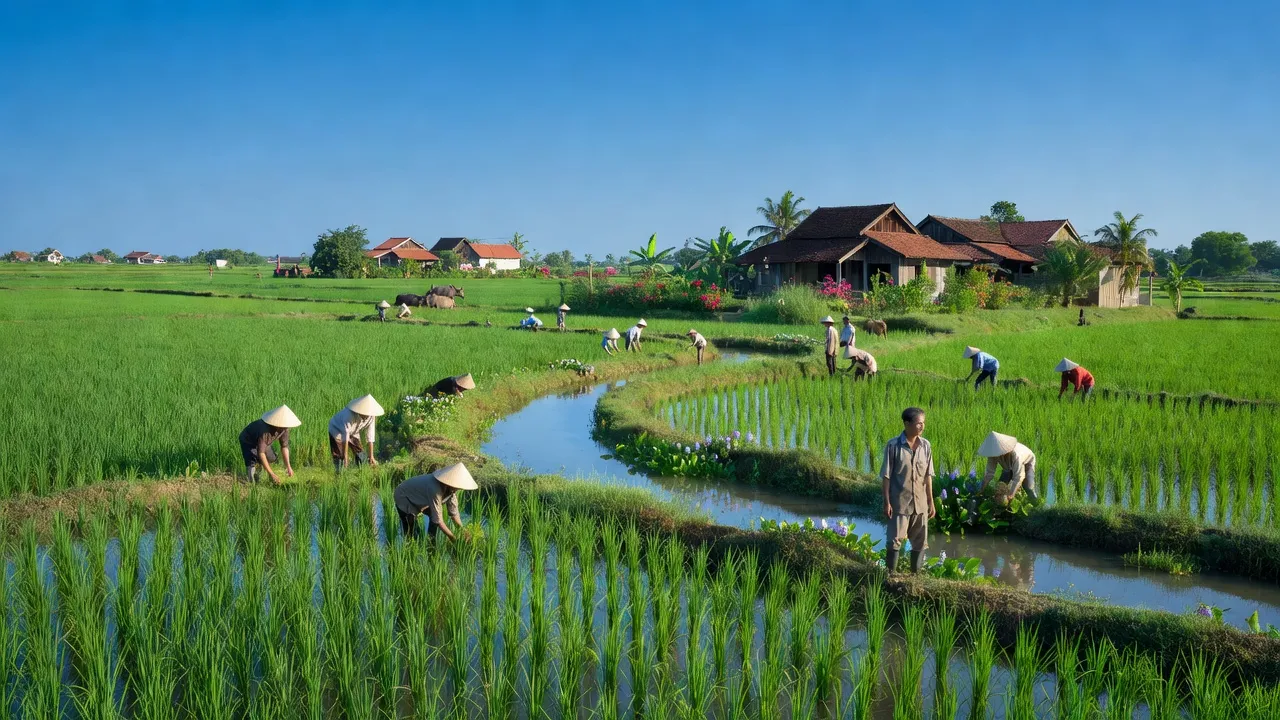 Cảnh đẹp xã Long Thạnh, huyện Thủ Thừa, tỉnh Long An với cánh đồng xanh và nhà truyền thống.