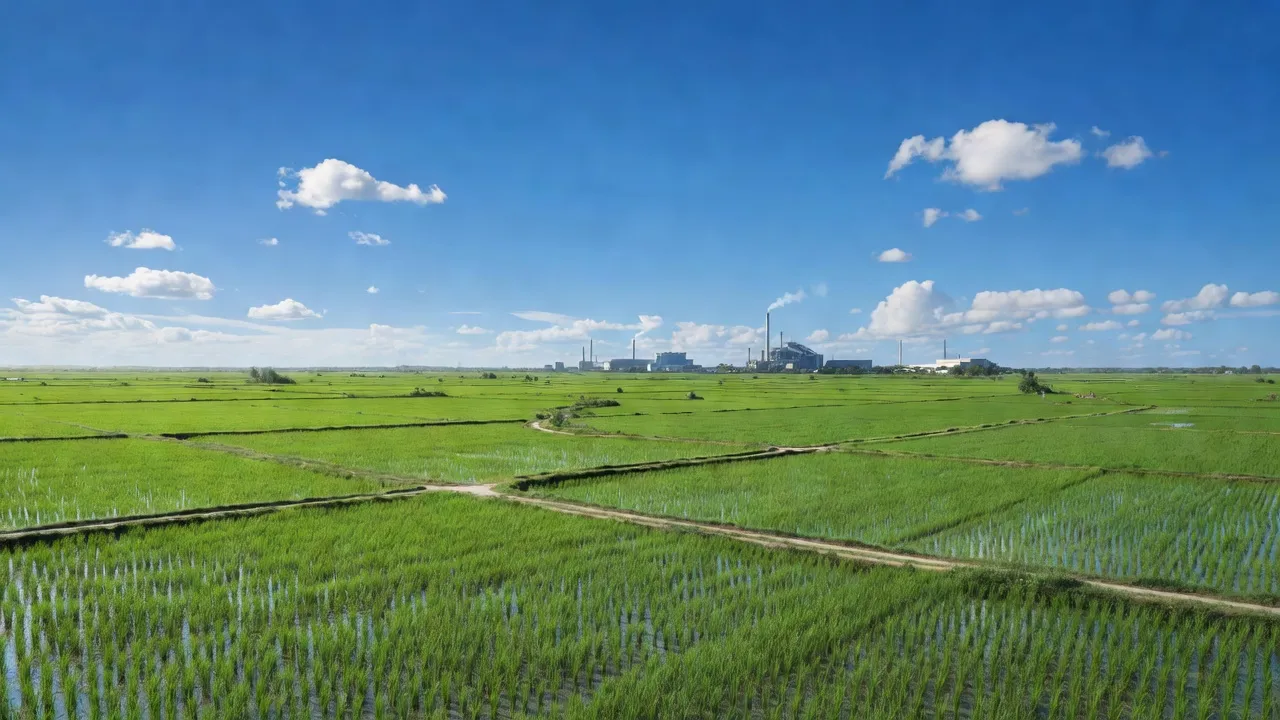 Cảnh quan xã Long Thuận, huyện Thủ Thừa, Long An, với cánh đồng xanh và nhà máy gần đó.
