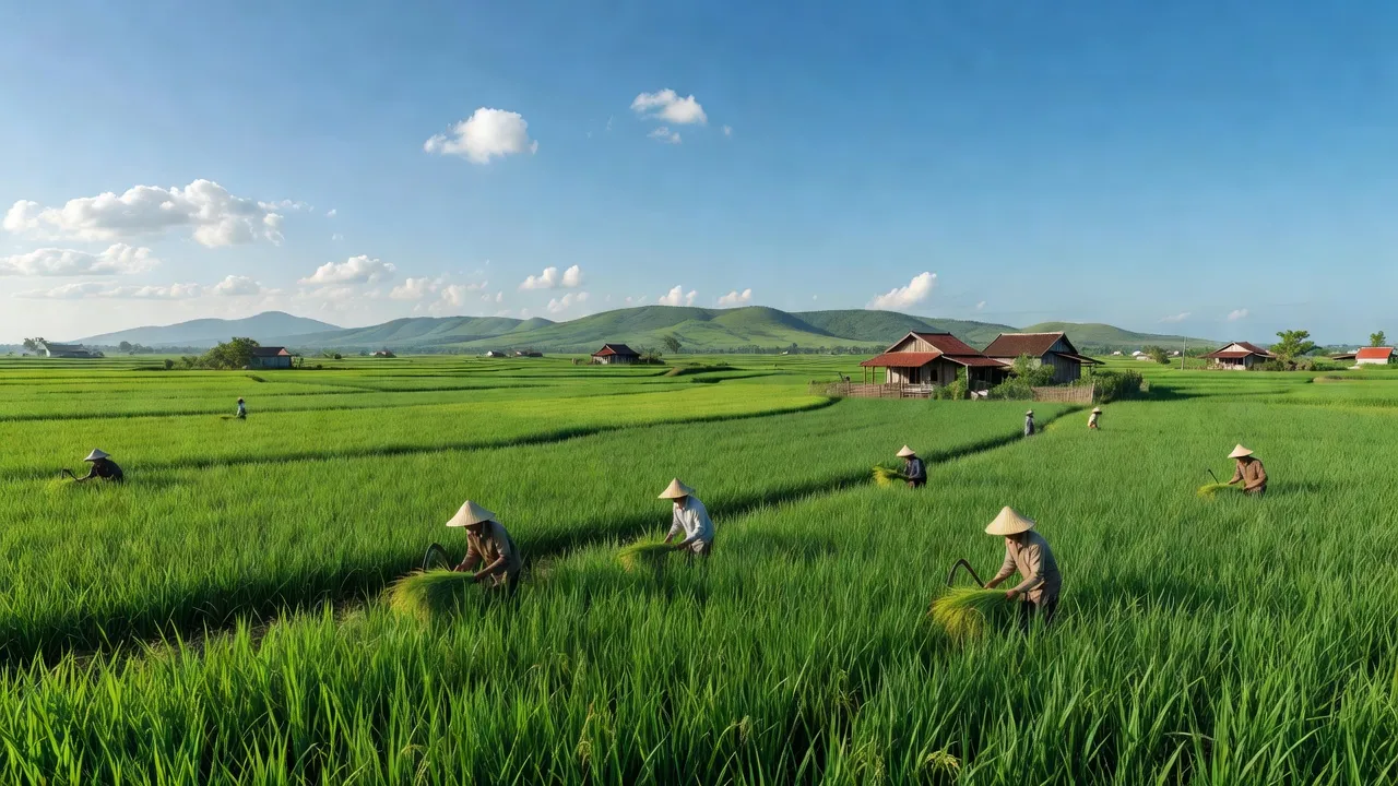 Khung cảnh nông thôn xã Mỹ An huyện Thủ Thừa tỉnh Long An với ruộng lúa xanh.