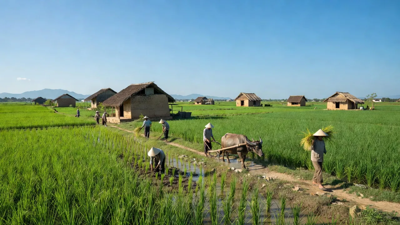 Khung cảnh thanh bình tại xã Mỹ An, huyện Thủ Thừa, Long An với đồng ruộng và nhà dân.