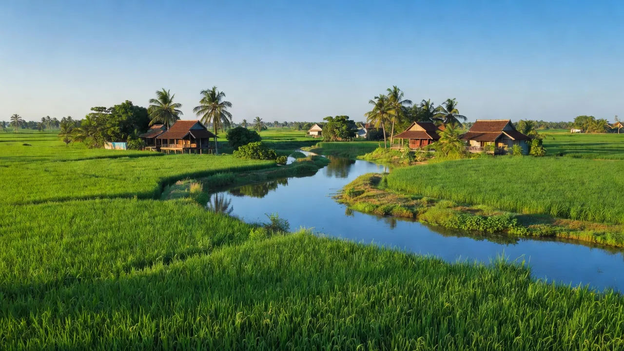 Cảnh quan nông thôn xã Mỹ Lạc, huyện Thủ Thừa, tỉnh Long An với cánh đồng xanh và nhà truyền thống.