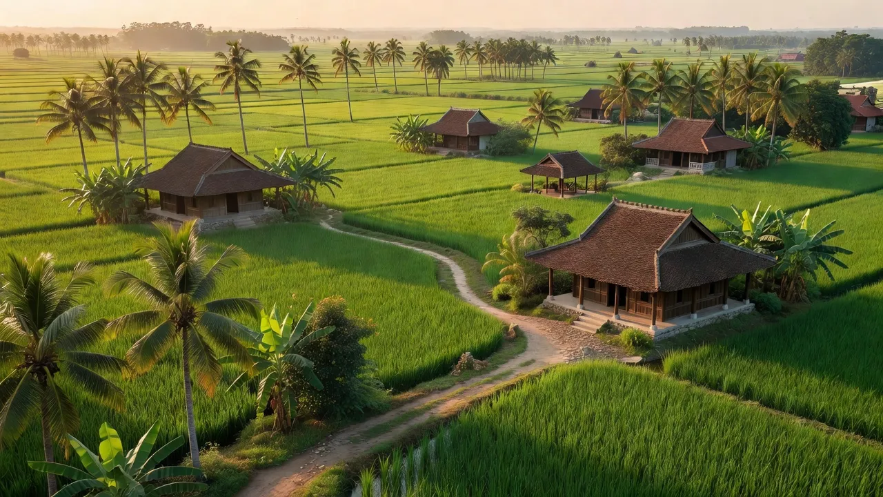 Khung cảnh nông thôn xã Mỹ Lạc, huyện Thủ Thừa, tỉnh Long An, cánh đồng xanh và nhà truyền thống.