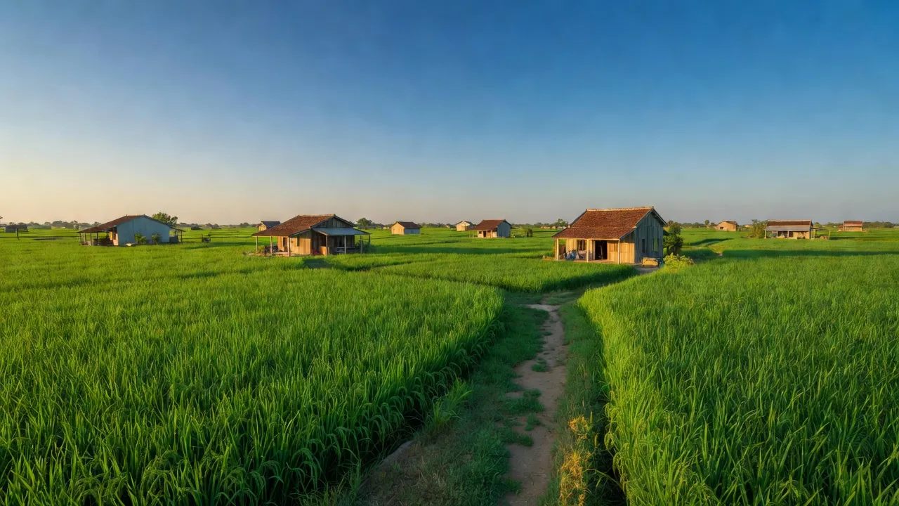 Cảnh quan xã Mỹ Thạnh, huyện Thủ Thừa, Long An với cánh đồng xanh tươi và bầu trời trong xanh.