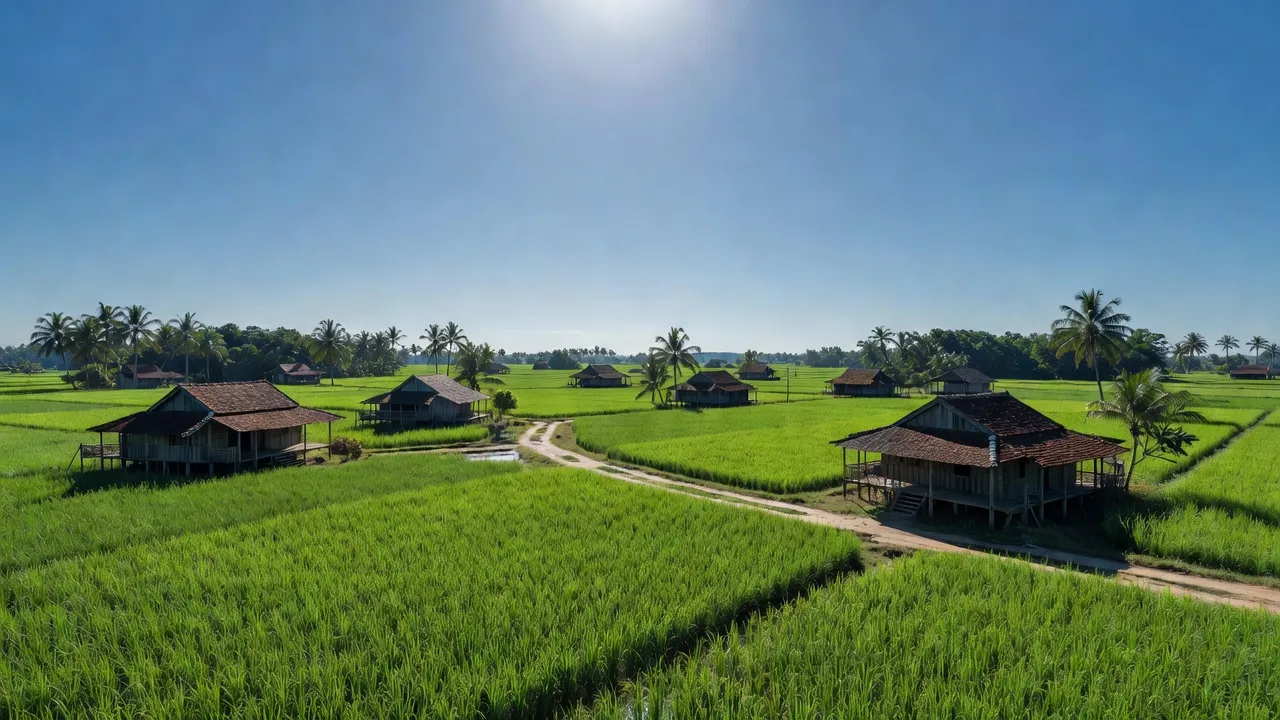Khung cảnh thơ mộng xã Mỹ Thạnh, huyện Thủ Thừa, Long An với cánh đồng xanh và nhà truyền thống.
