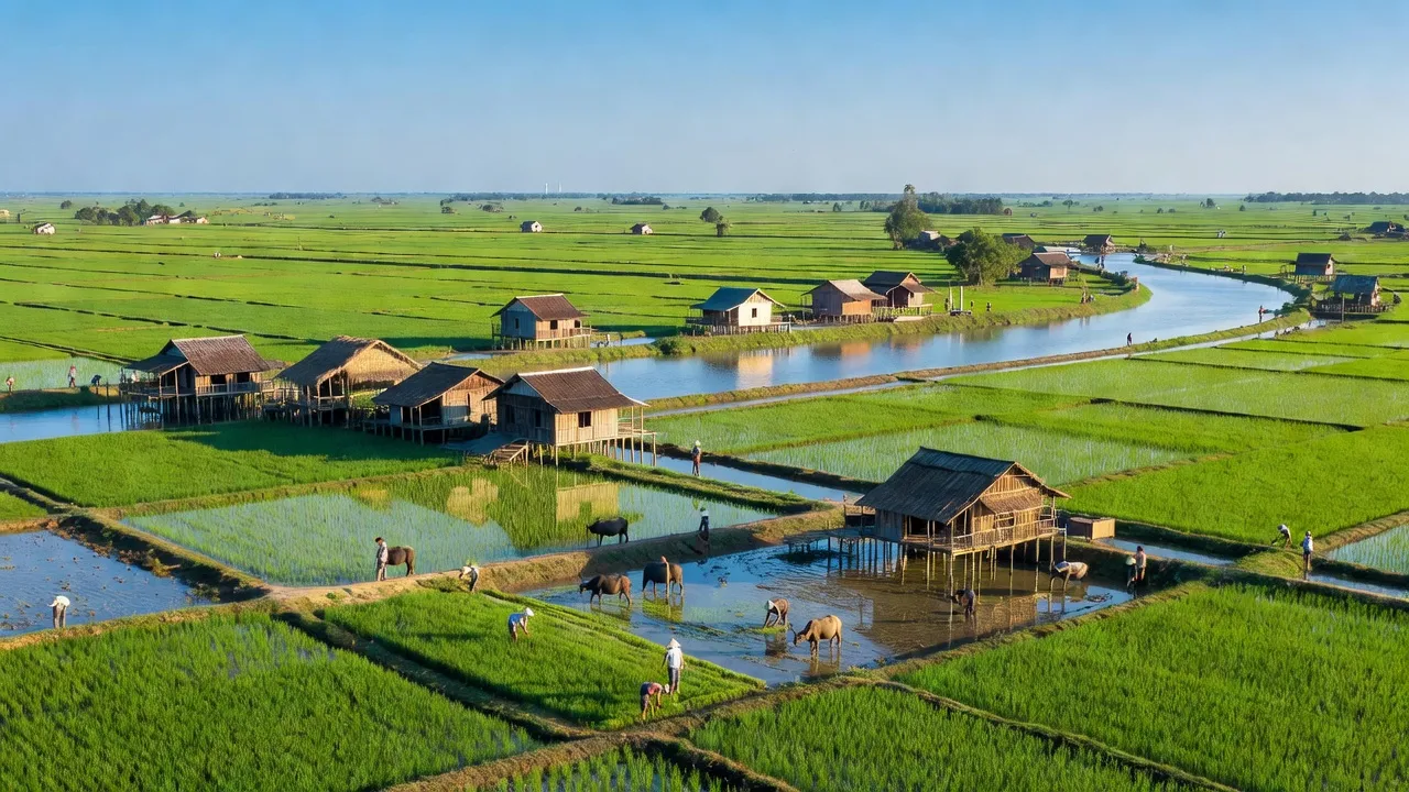 Khung cảnh huyện Vĩnh Hưng, Long An với đồng ruộng xanh tươi và nhà truyền thống nông thôn.