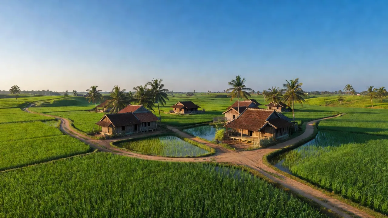 Khung cảnh nông thôn xã Hưng Điền A, huyện Vĩnh Hưng, tỉnh Long An với cánh đồng xanh tươi.