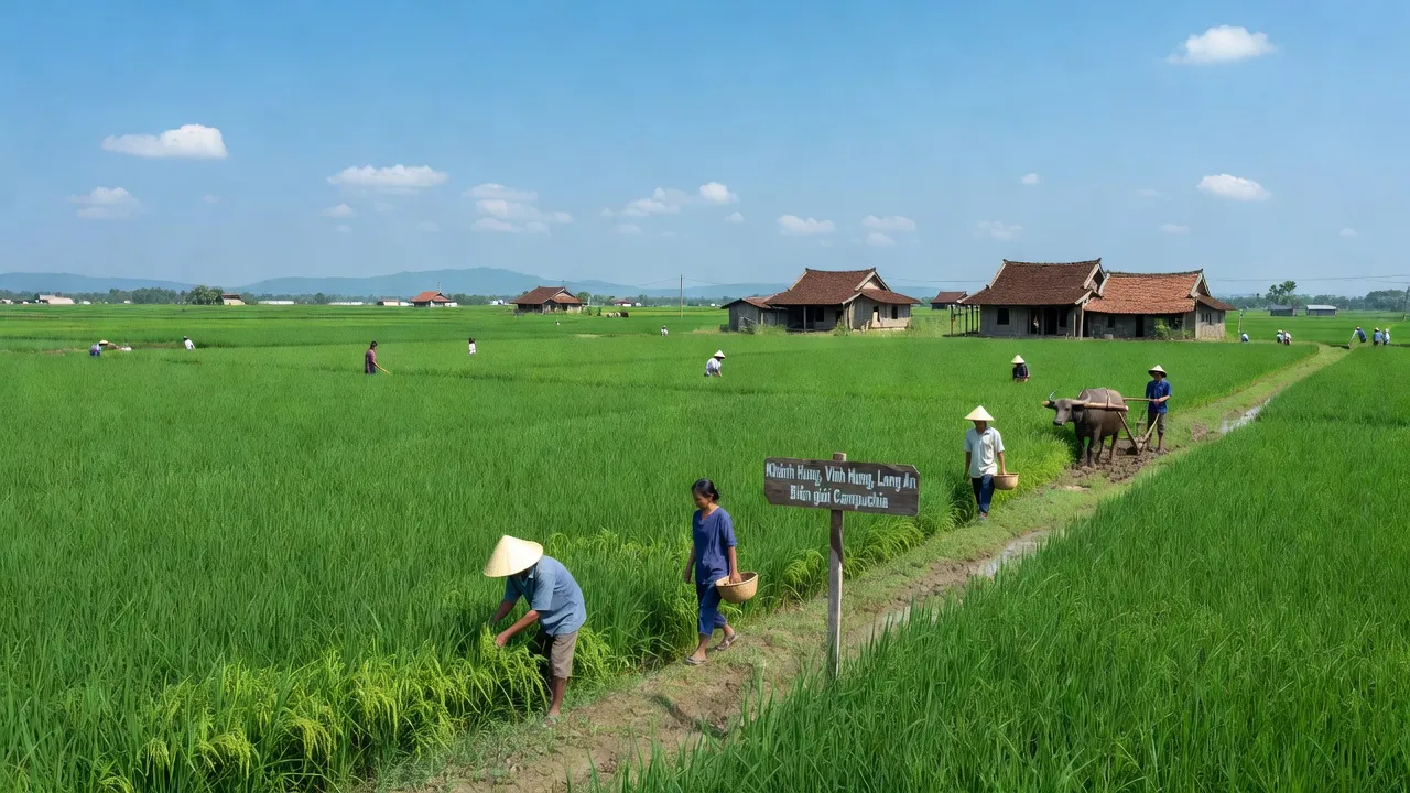 Cảnh đồng xanh tươi tại xã Khánh Hưng, huyện Vĩnh Hưng, tỉnh Long An, vùng nông thôn miền Tây.
