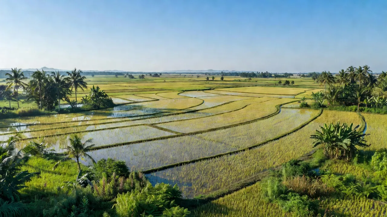 Khung cảnh bình yên xã Khánh Hưng, huyện Vĩnh Hưng, Long An với đồng ruộng xanh mướt.