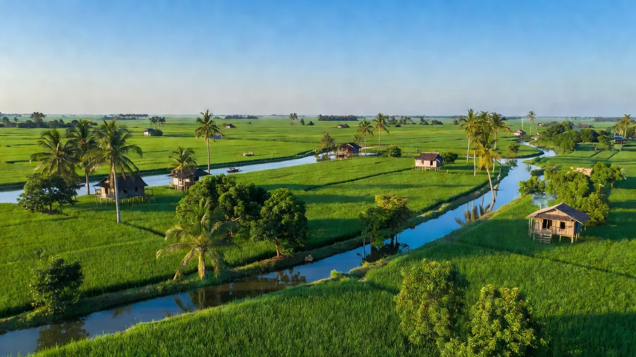 Cảnh đồng bằng sông Cửu Long tại Thái Bình Trung, Vĩnh Hưng, Long An, với đồng ruộng xanh và bầu trời sáng.