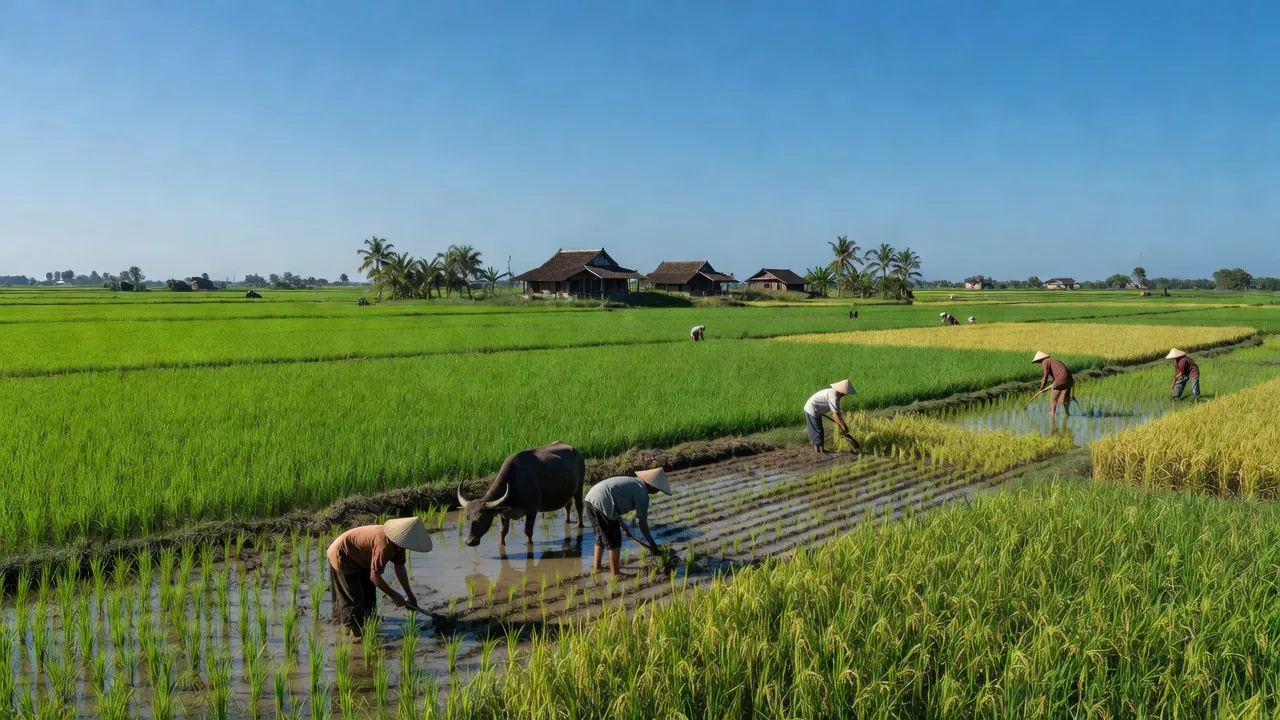 Cảnh đồng lúa xã Thái Trị, huyện Vĩnh Hưng, tỉnh Long An với nền trời xanh và nông dân làm việc.