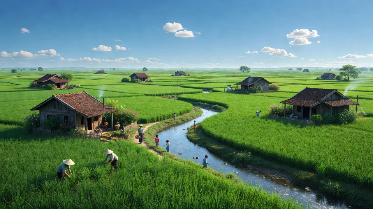 Cảnh quan xã Tuyên Bình Tây, huyện Vĩnh Hưng, Long An với thiên nhiên xanh mát và sự yên bình.