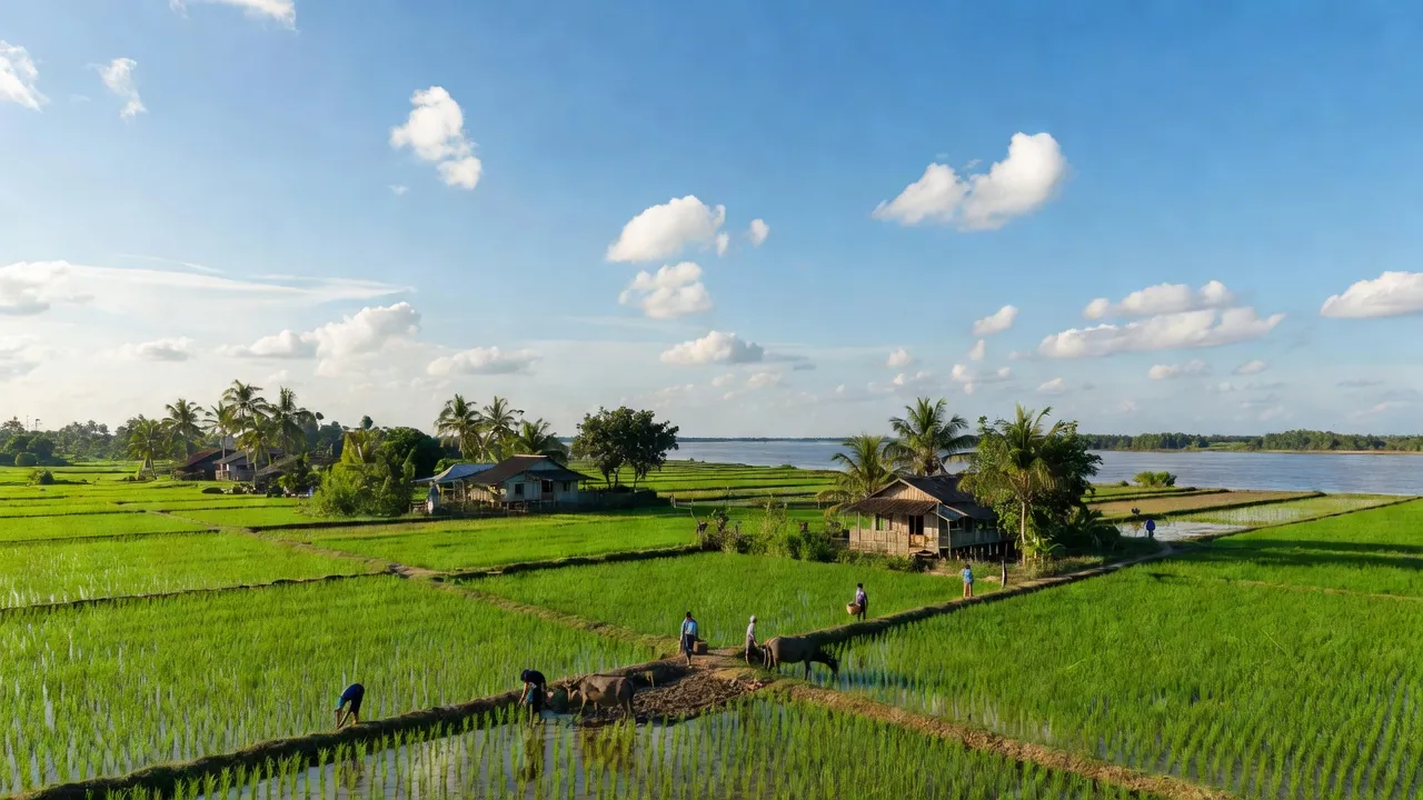 Khung cảnh yên bình xã Tuyên Bình Tây, huyện Vĩnh Hưng, tỉnh Long An, với cánh đồng xanh và sông Mekong.