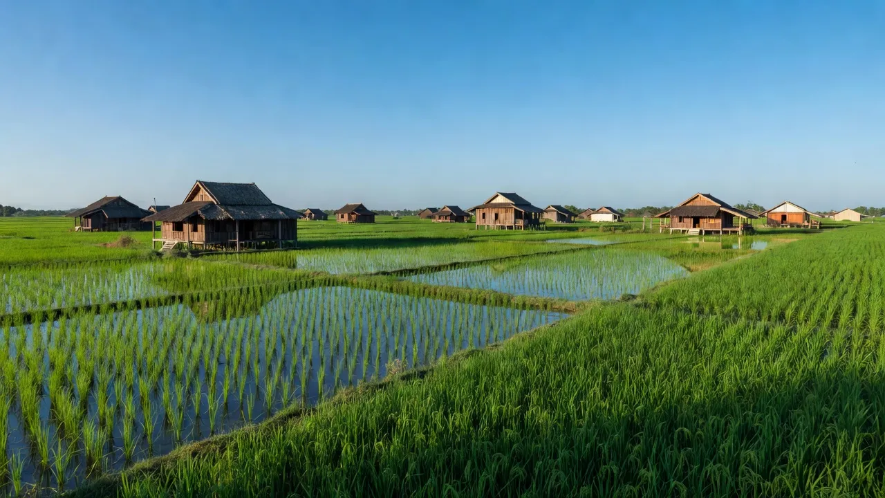 Khung cảnh bình yên tại xã Vĩnh Bình, huyện Vĩnh Hưng, tỉnh Long An với cánh đồng xanh tươi.